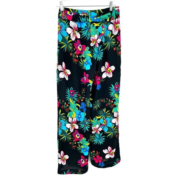 CACHE Blue Green Pink Floral Lightweight High Rise Wide Leg Belted Pants Size 8 - Picture 2 of 8